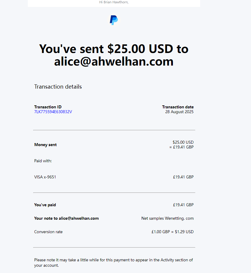 Sample Cost Sent by Paypal