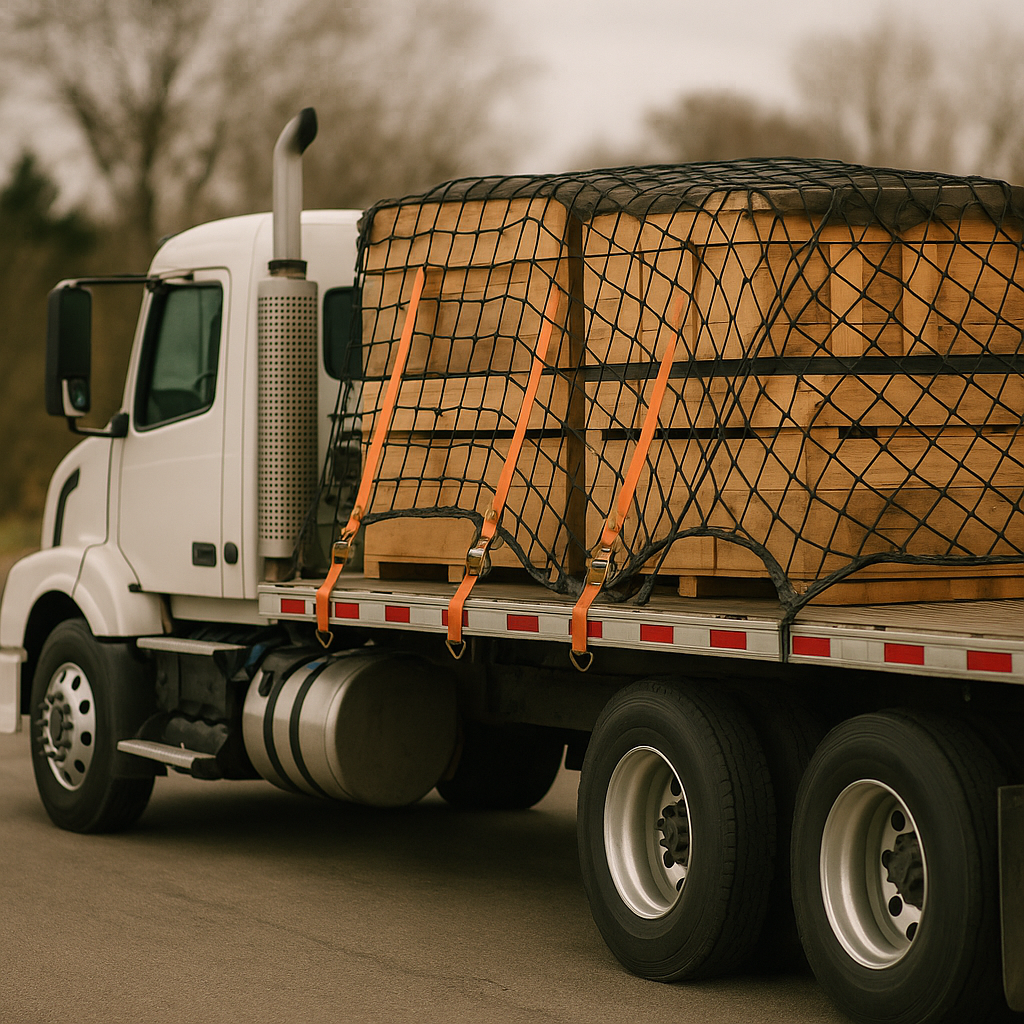 A truck with cargo secured by nets and straps in a natural setting, demonstrating proper load safety.