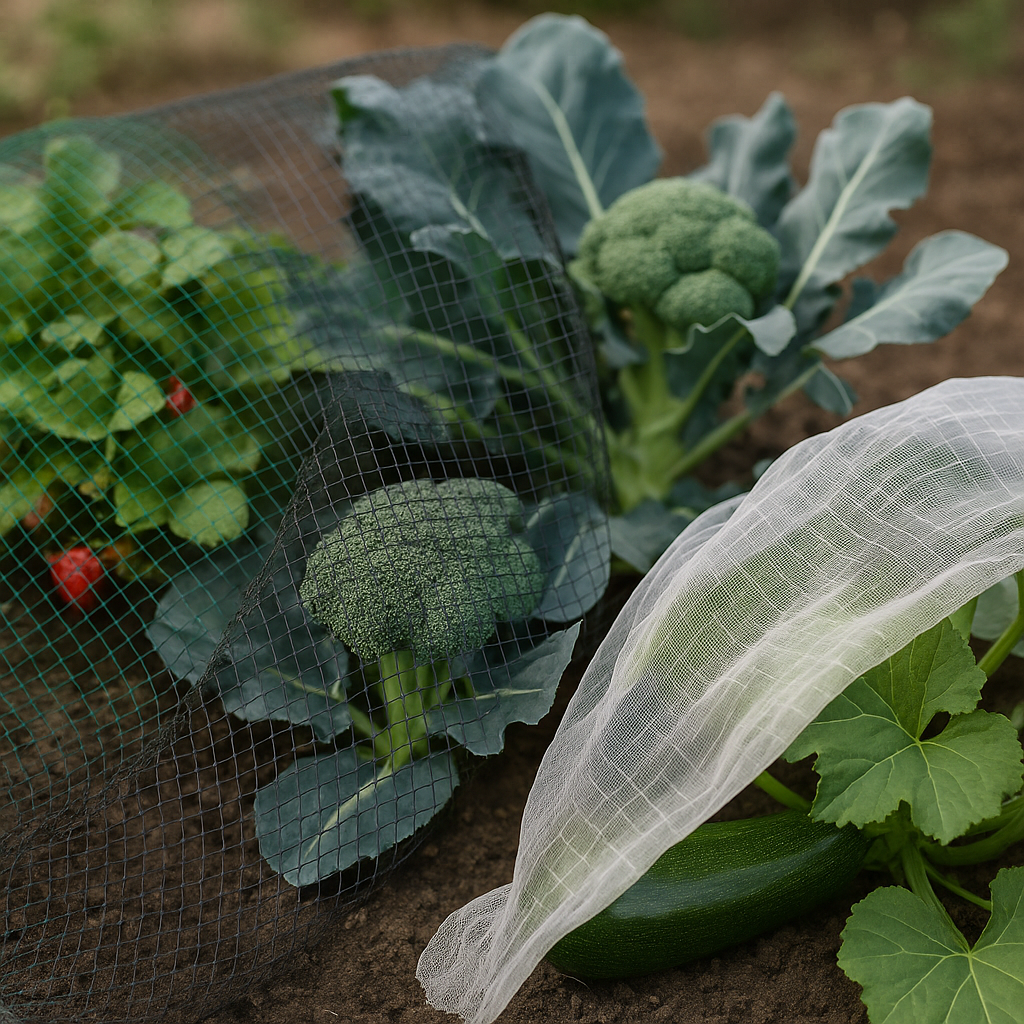 Healthy crops thriving under various types of garden netting in a sunlit field.