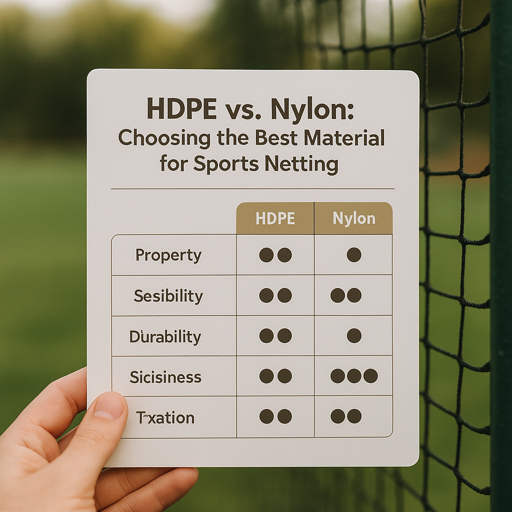 Infographic comparing HDPE and Nylon properties for sports netting selection in a soft-lit setting.