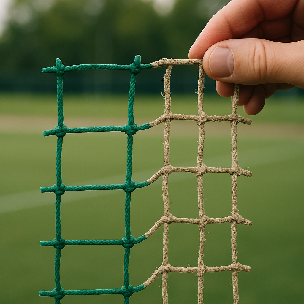Comparison of new and UV-degraded sports netting showing the effects of UV stabilizers in natural light.