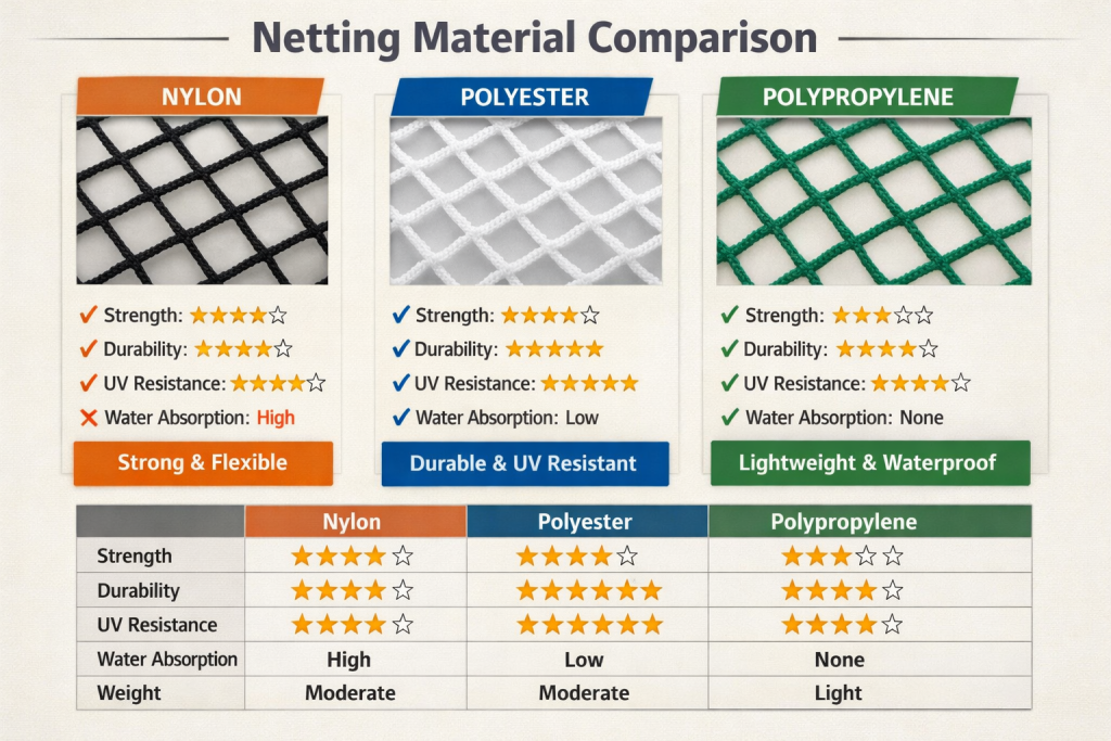 Comparison of nylon, polyester, and polypropylene netting showing differences in strength, durability, UV resistance, and water absorption