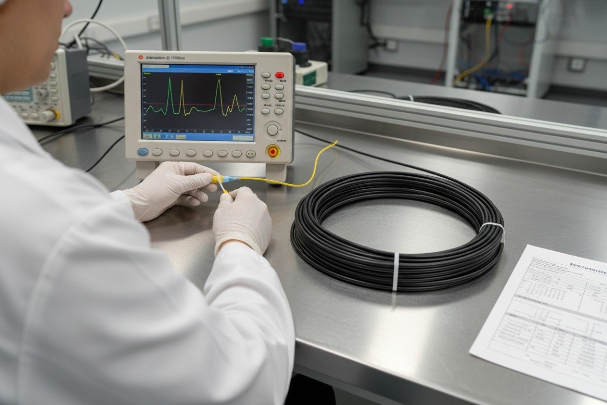 Evaluating Fiber Cable Samples Technician testing fiber optic cable samples in a laboratory for attenuation (ID#4)